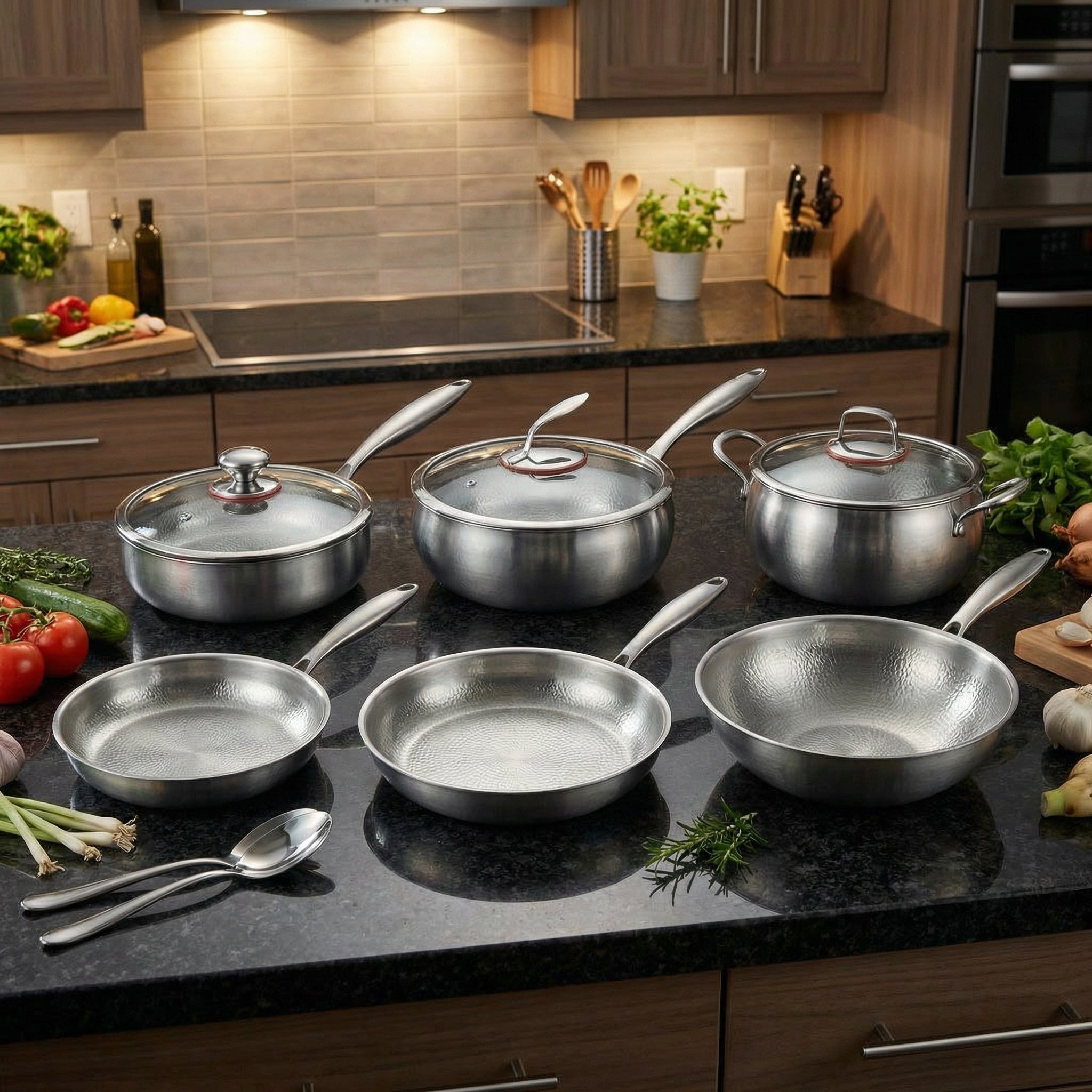 Ensemble de Cuisine Complet en Titane Forgé à la Main avec 3 Couvercles (25, 28 & 30 cm)