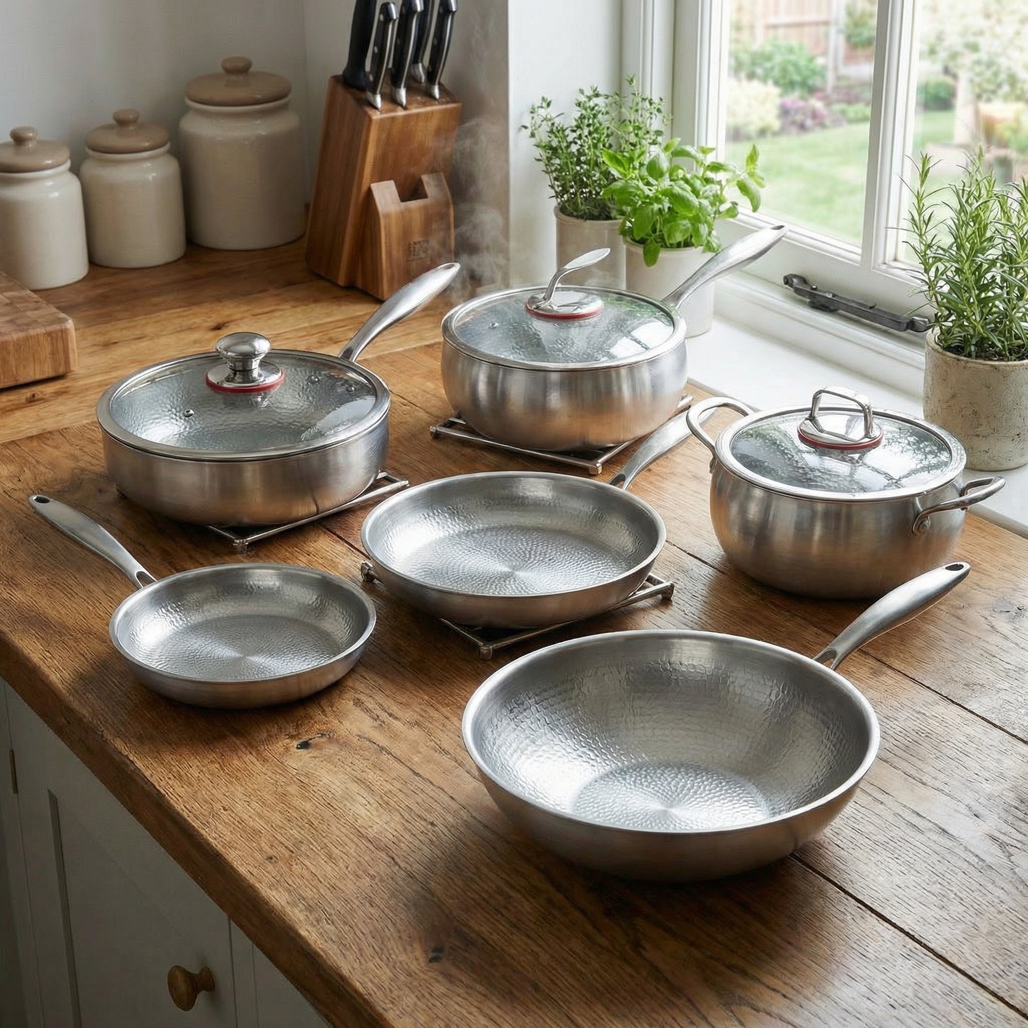 Ensemble de Cuisine Complet en Titane Forgé à la Main avec 3 Couvercles (25, 28 & 30 cm)